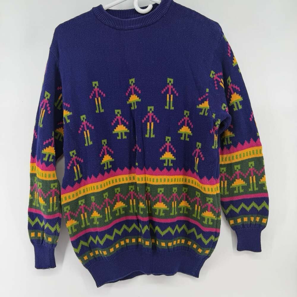 VTG United Colors of Benetton Sweater Womens 48 Large Purple Aztec Print Cotton